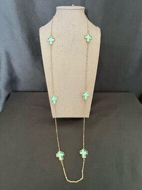 Gold Long Cross Station Necklace with Turquoise Enamel